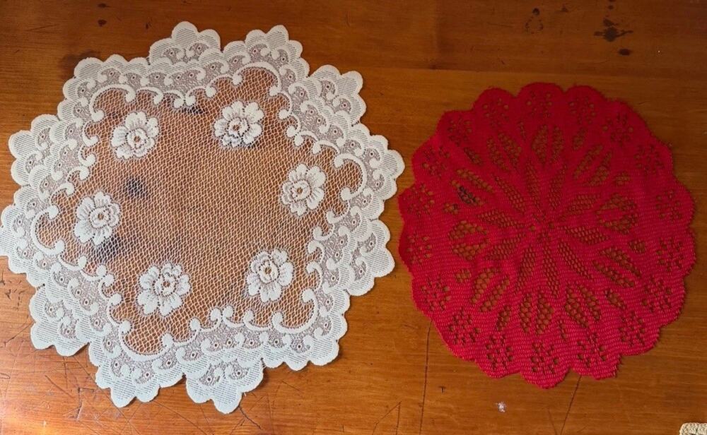 Round Lace Doilies Set Red Crochet & Ivory Lace Decorative Mats